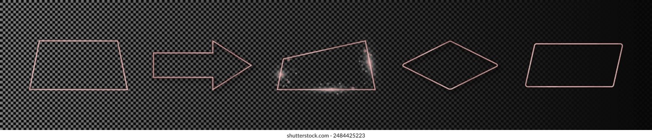 Satz von fünf Roségold glühende verschiedene geometrische Form Rahmen isoliert auf dunklem transparenten Hintergrund. Glänzender Rahmen mit leuchtenden Effekten. Vektorillustration