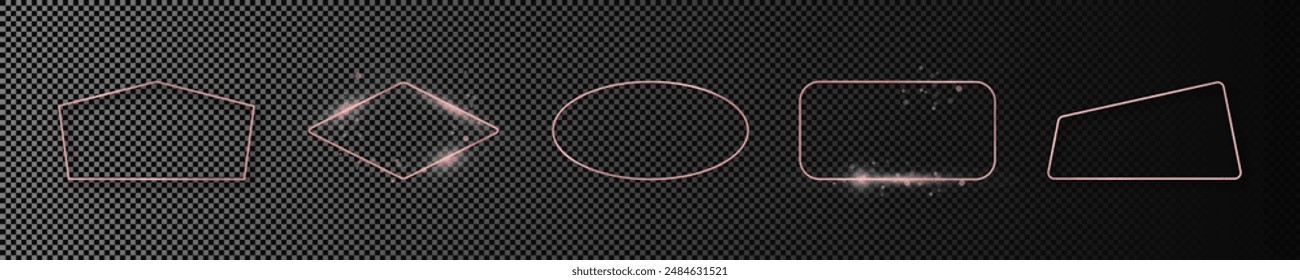 Set of five rose gold glowing different geometric shape frames isolated on dark transparent background. Shiny frame with glowing effects. Vector illustration
