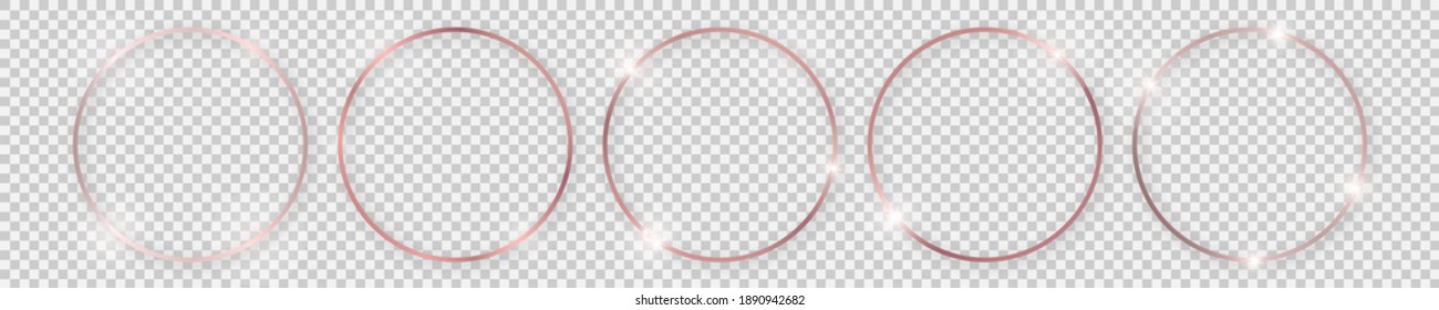 Conjunto de cinco marcos redondos brillantes de oro rosa con efectos brillantes y sombras sobre fondo transparente. Ilustración del vector