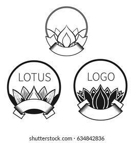 Set of five round badges with lotus. Vector hand drawn illustration