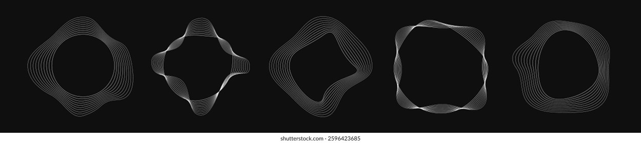Set of five round curved frames with dynamic wavy stripes. Collection of white wavy circles on a black background. Design element. Vector illustration