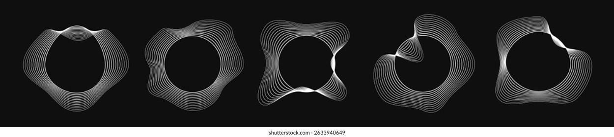 Set of five round curved frames with dynamic wavy stripes. Collection of white wavy circles on a black background. Design element. Vector illustration