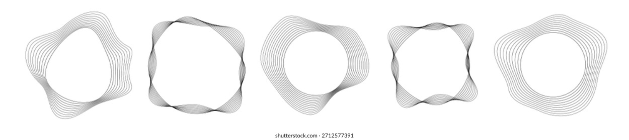Conjunto de cinco ondas sonoras curvas redondas con rayas onduladas dinámicas. Colección de círculos ondulados negros sobre un fondo blanco. Elemento de diseño. Ilustración vectorial