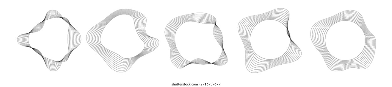 Conjunto de cinco ondas sonoras curvas redondas con rayas onduladas dinámicas. Colección de círculos ondulados negros sobre un fondo blanco. Elemento de diseño. Ilustración vectorial