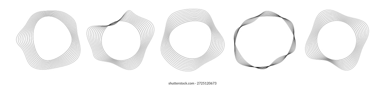 Conjunto de cinco ondas sonoras curvas arredondadas com faixas onduladas dinâmicas. Coleção de círculos ondulados pretos sobre um fundo branco. Elemento de design. Ilustração vetorial