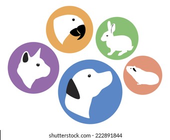 Set of five round vector pet animal icons - dog, cat, rabbit, parrot, and guinea pig. Colors are editable.