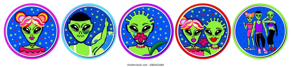 Set of five rounded stickers with portraits of aliens on dark blue background with stars, hearts and viruses.