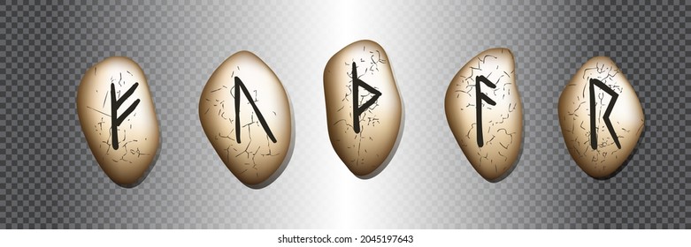 Set of five rune symbols. Runic alphabet, Futhark. Ancient norse occult symbols, black vikings letters carved in stone, rune font. Runic magical talismans northern peoples. Vector illustration