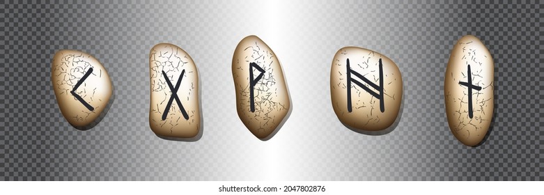 Set of five rune symbols. Runic alphabet, Futhark. Ancient norse occult symbols, black vikings letters carved in stone, rune font. Runic magical talismans northern peoples. Vector illustration
