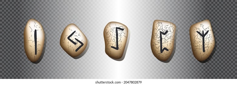 Set of five rune symbols. Runic alphabet, Futhark. Ancient norse occult symbols, black vikings letters carved in stone, rune font. Runic magical talismans northern peoples. Vector illustration