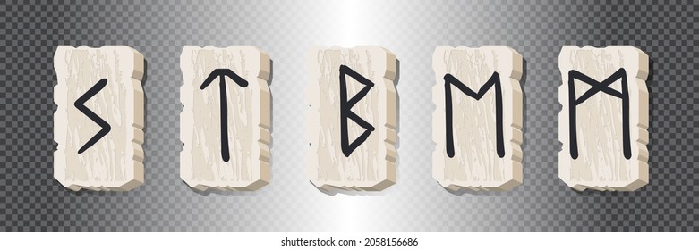  Set of five rune symbols. Runic alphabet, Futhark. Ancient norse occult symbols, black vikings letters carved in stone, rune font. Runic magical talismans northern peoples. Vector illustration