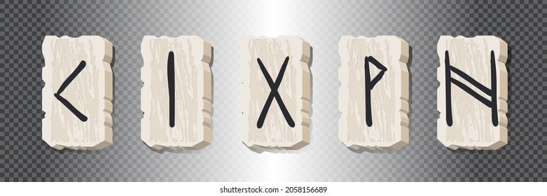  Set of five rune symbols. Runic alphabet, Futhark. Ancient norse occult symbols, black vikings letters carved in stone, rune font. Runic magical talismans northern peoples. Vector illustration
