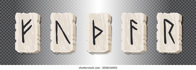  Set of five rune symbols. Runic alphabet, Futhark. Ancient norse occult symbols, black vikings letters carved in stone, rune font. Runic magical talismans northern peoples. Vector illustration
