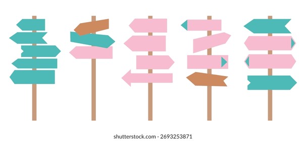 Set of five rustic wooden trail sign with varied number of arrows and boards of varying shapes and sizes indicating direction of travel. Vector illustration of blank template posts for text and icons.