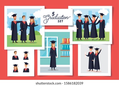 set of five scenes graduation with young people vector illustration design