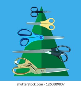 A set of five scissors on a green triangle background. Scissors for fabric, office, manicure, paper, and handicraft. Scissors for all occasions.