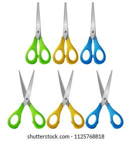 Set of five scissors on white background