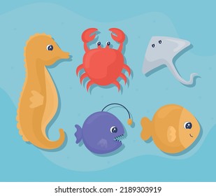 set of five sea life animals