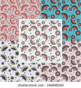 set of five seamless pattern with abstract  flowers and leaf