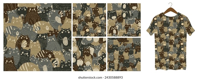 A set of five seamless patterns, a khaki pattern consisting of cats. War paint of kitten silhouettes.