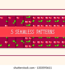 Set Of Five Seamless Patterns For Your Products And Business. Vector Illustration Of Cherry