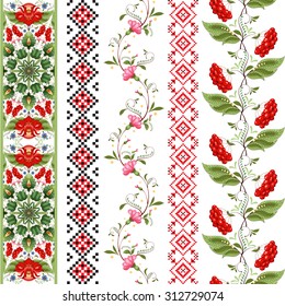 Set of five seamless vector borders in style of Petrykivka painting. Ukrainian pattern similar to embroidery. 