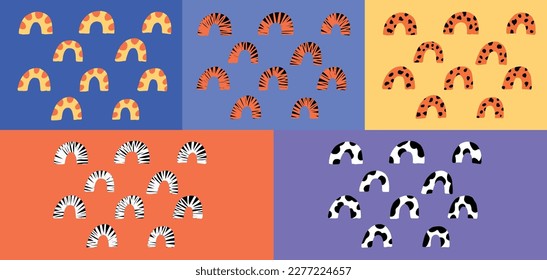 Set of five seamless vector patterns - leopard, zebra, giraffe, tiger, cow. Arch pattern. Vector illustration.