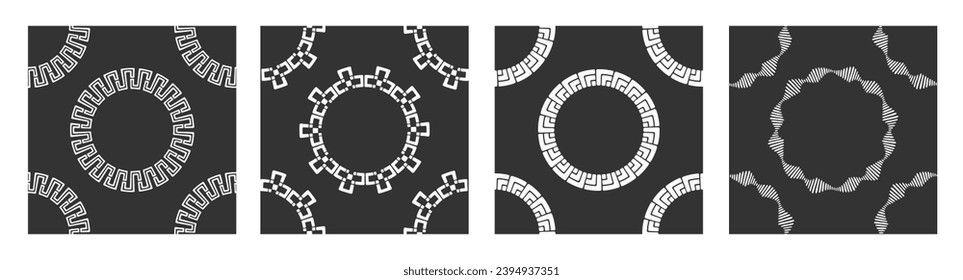 Set of five seamless vector patterns with round geometric shapes. Tribal patterns. Sun symbols. Greek ornaments. Geometric round striped shapes patterns. White shapes, isolated on black background.