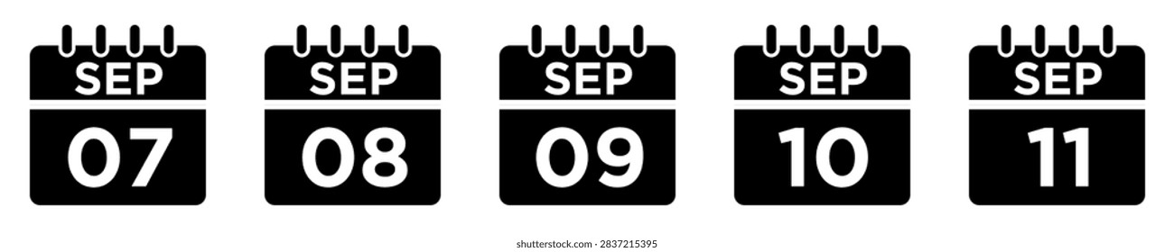 Set of five September calendar date icons featuring days seven through eleven in glyph style