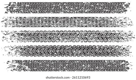 Set of five shabby, grunge style, dirty vector traces of tires.