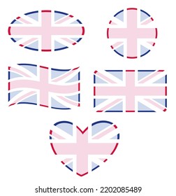 Set of five shapes with colors of United Kingdom flag in which are superimposed shapes in light pastel colors for your text. 