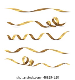 Set of five shiny golden ribbons. Vector realistic elements for your design greeting or gift card and invitation for holidays. Isolated from the background.