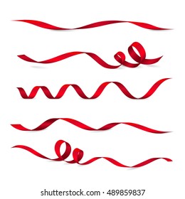 Set of five shiny red ribbons. Vector realistic elements for your design greeting or gift card and invitation for holidays. Isolated from the background.