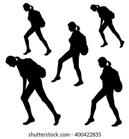 Set of five silhouettes girl, woman, climber with a backpack. People with backpack silhouettes set. Mountain climber set. Rock Climber Silhouette on white background. Pose of the tourist. Vector. Logo