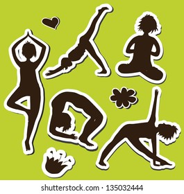 Set of five silhouettes of girls engaged in yoga