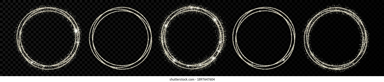 Set of five silver circle frames. Modern shiny frame with light effects isolated on dark transparent background. Vector illustration.