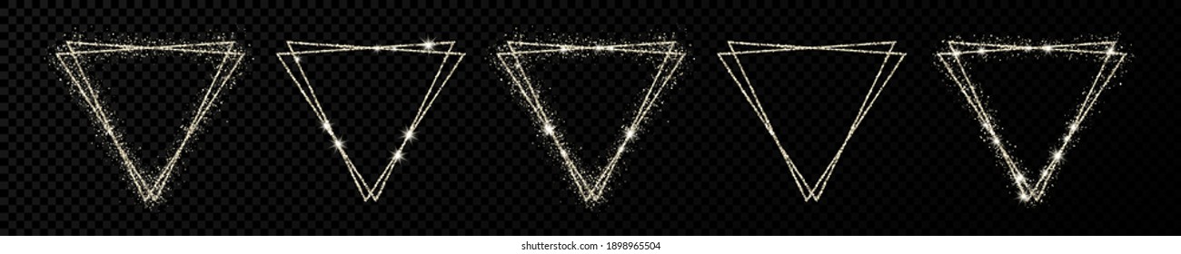 Set of five silver double triangle frames. Modern shiny frame with light effects isolated on dark transparent background. Vector illustration.