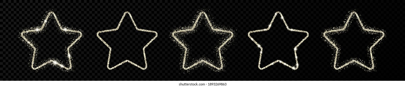 Set of five silver glitter stars with shiny sparkles on dark transparent background. Vector illustration