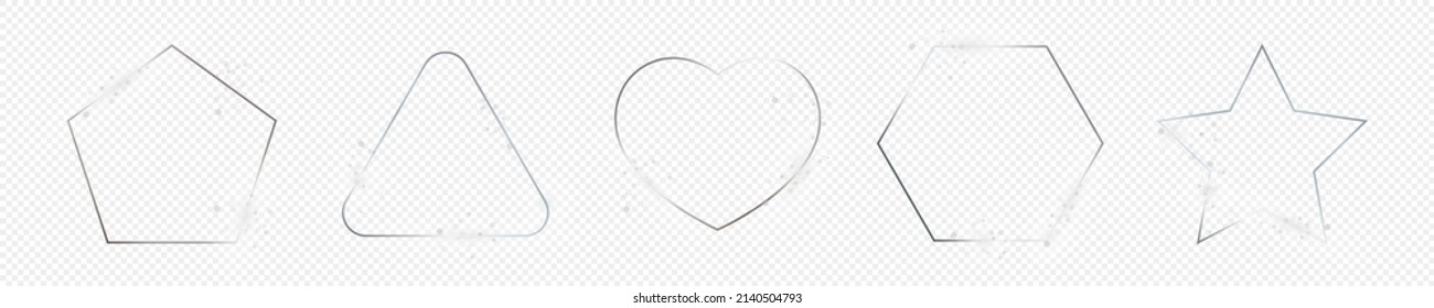 Set of five silver glowing different geometric shape frames isolated on transparent background. Shiny frame with glowing effects. Vector illustration