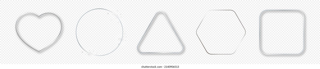 Set of five silver glowing different geometric shape frames isolated on transparent background. Shiny frame with glowing effects. Vector illustration