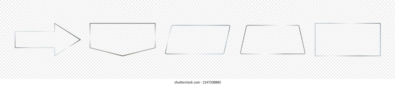 Set of five silver glowing different geometric shape frames isolated on transparent background. Shiny frame with glowing effects. Vector illustration