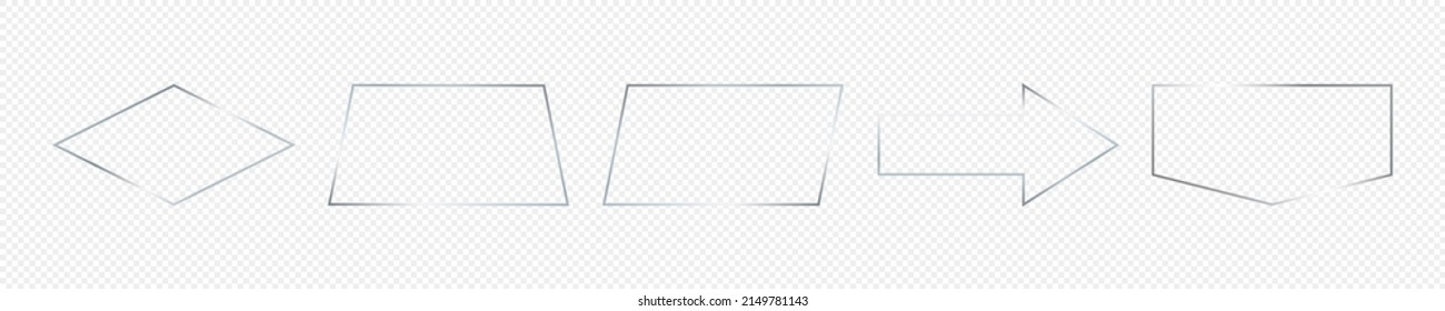 Set of five silver glowing different geometric shape frames isolated on transparent background. Shiny frame with glowing effects. Vector illustration
