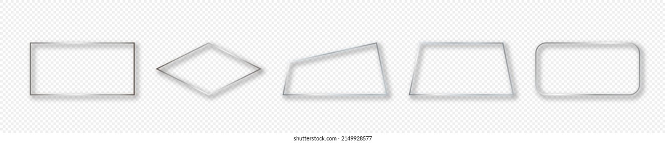 Set of five silver glowing different geometric shape frames isolated on transparent background. Shiny frame with glowing effects. Vector illustration