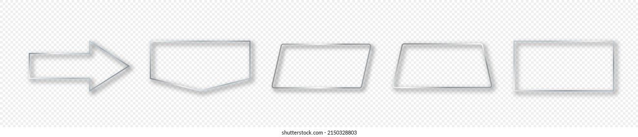 Set of five silver glowing different geometric shape frames isolated on transparent background. Shiny frame with glowing effects. Vector illustration