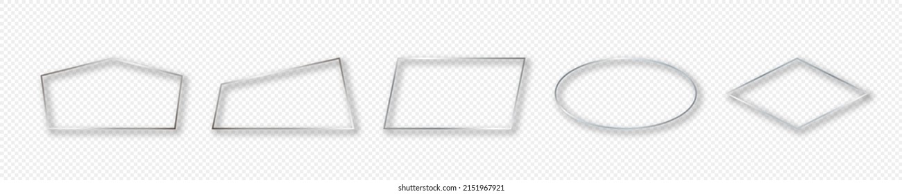 Set of five silver glowing different geometric shape frames isolated on transparent background. Shiny frame with glowing effects. Vector illustration