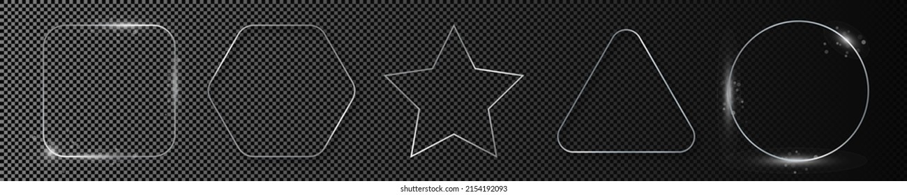 Set of five silver glowing different geometric shape frames isolated on dark transparent background. Shiny frame with glowing effects. Vector illustration.