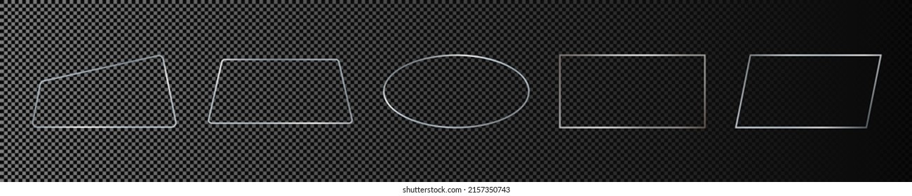 Set of five silver glowing different geometric shape frames isolated on dark transparent background. Shiny frame with glowing effects. Vector illustration