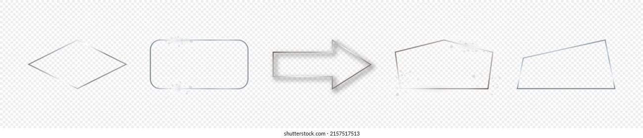Set of five silver glowing different geometric shape frames isolated on transparent background. Shiny frame with glowing effects. Vector illustration