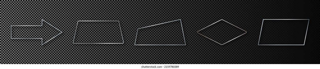 Set of five silver glowing different geometric shape frames isolated on dark transparent background. Shiny frame with glowing effects. Vector illustration