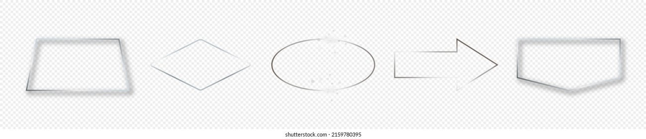 Conjunto de cinco marcos de formas geométricas diferentes de brillo plateado aislados sobre fondo transparente. Marco brillante con efectos brillantes. Ilustración del vector